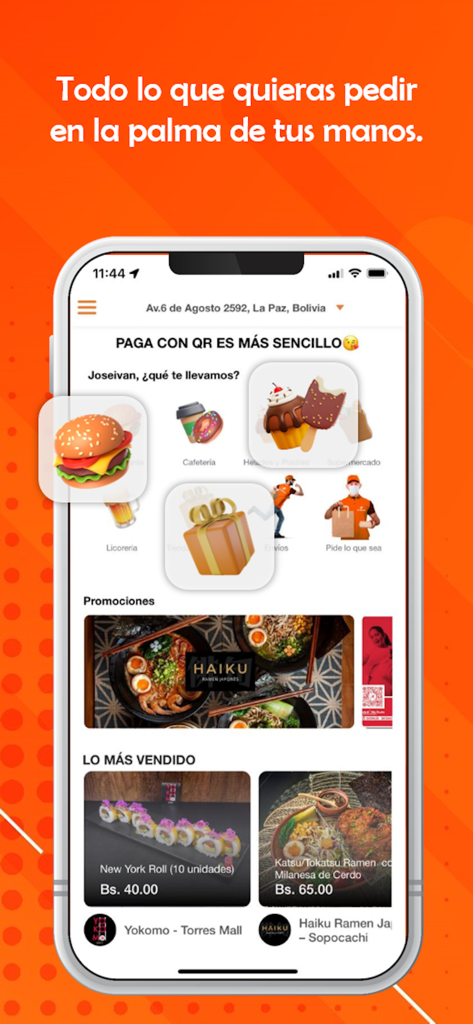 Mr delivery & Ecommerce - Mr deliveryとEcommerceのモバイルアプリインターフェース。食品配達カテゴリと地元のレストランプロモーションを表示。