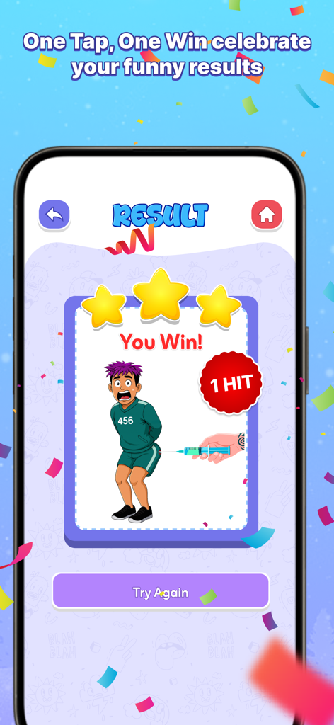 Funny Filter Challenge - A celebratory victory screen in the Funny Filter Challenge app showing a cartoon character and three stars