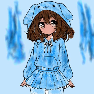 pretty anime girl wearing a fluffy hoodie with bunny ears on the hood and a skirt