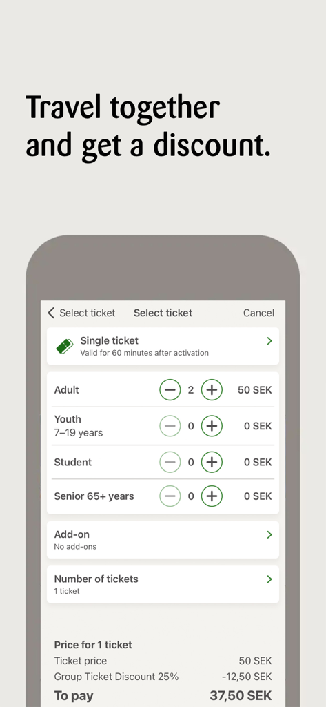 Ticket selection screen in Blekingetrafiken app with group and age discounts