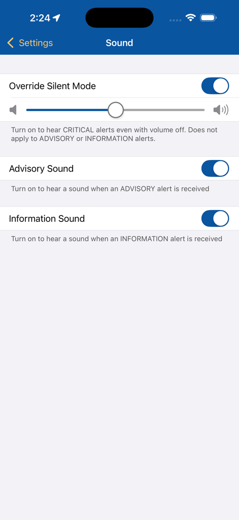 Alertable - Alertableアプリのサウンド設定画面。緊急通知アラートのカスタマイズオプションが表示されています。