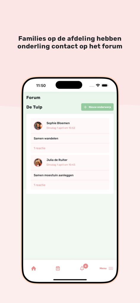 Familynet - Screenshot of the Familynet app forum showing discussions between family members about shared activities in the care home