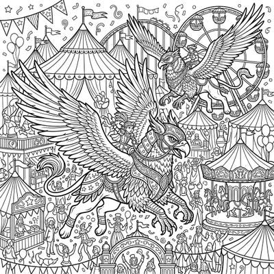 Dive into a spectacular fusion of fantasy and fun with this captivating coloring page, where mighty War Griffins patrol a bustling carnival. This intricate scene offers endless opportunities for vibrant creativity as you bring both mythical beasts and fairground festivities to life.