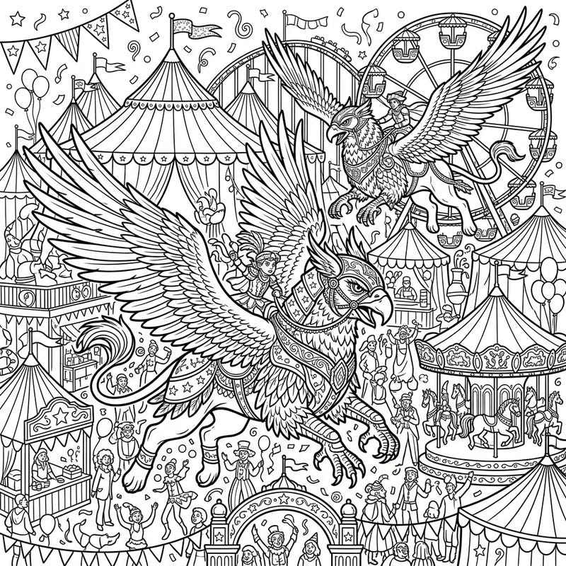 Dive into a spectacular fusion of fantasy and fun with this captivating coloring page, where mighty War Griffins patrol a bustling carnival. This intricate scene offers endless opportunities for vibrant creativity as you bring both mythical beasts and fairground festivities to life.