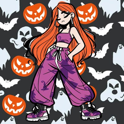 girl in baggy pants crop top and long hair