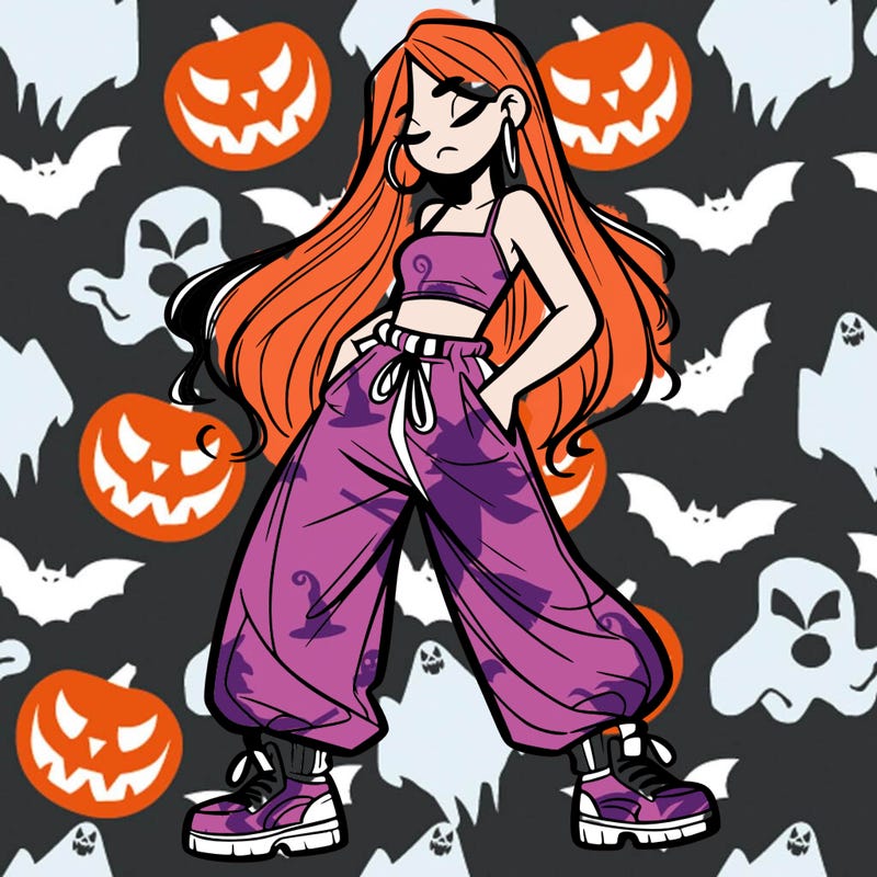 girl in baggy pants crop top and long hair