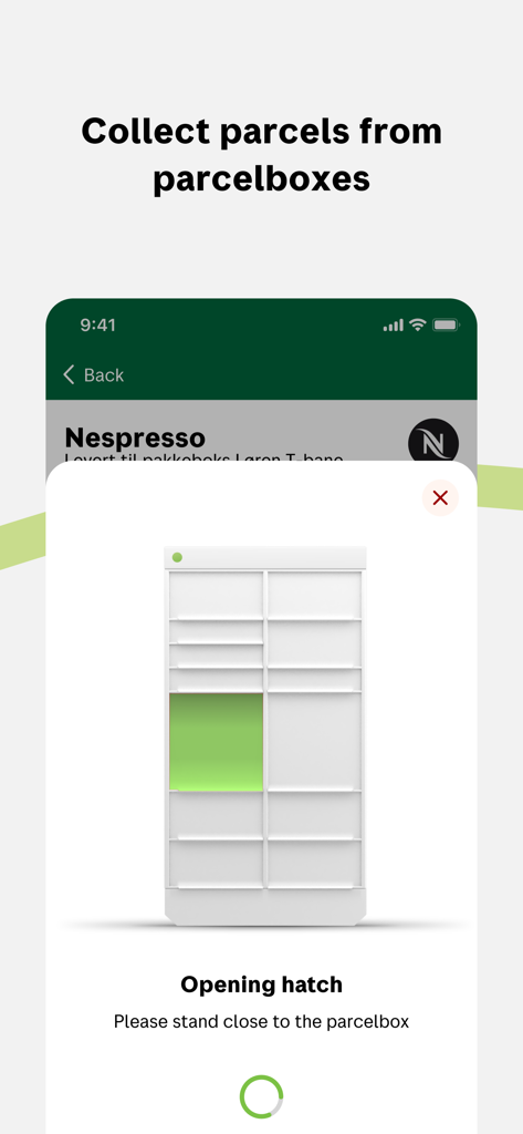 Bring Tracking - Bring Tracking App-Oberfläche, die den Prozess des Öffnens einer Paketboxklappe zur Entgegennahme eines Pakets zeigt