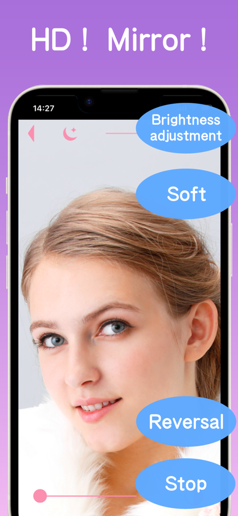 Mirror : Natural Mirror 4K - Screenshot of Mirror Natural 4K app interface showing a high definition reflection with brightness adjustment and soft effect features
