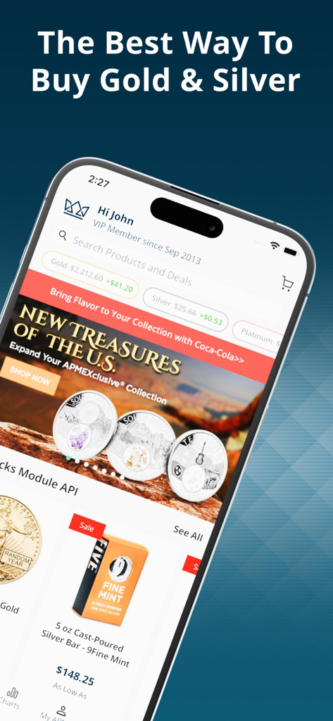 APMEX: Buy Gold & Silver - Interfaz de la aplicación móvil APMEX en un iPhone que muestra precios spot de oro y plata en tiempo real y productos de lingotes coleccionables