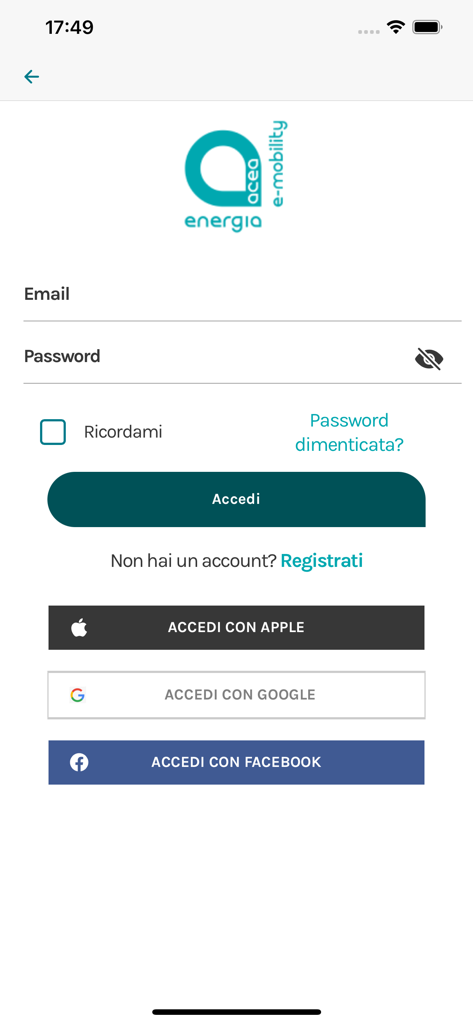 Acea e-mobility - Schermata di accesso di Acea e-mobility che mostra le opzioni di accesso