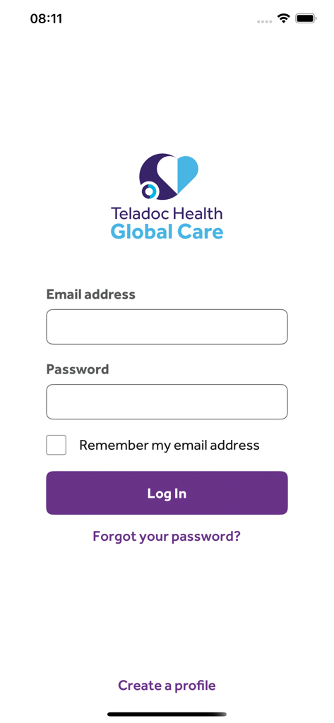 Anmeldebildschirm der Teladoc Global Care App von Teladoc Health mit Eingabefeldern für E-Mail und Passwort und einem Anmeldebutton.