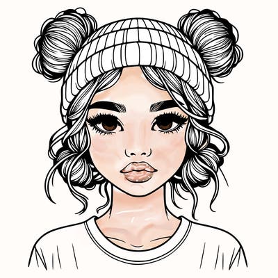 realistic girl with buns in her hair with a beanie on