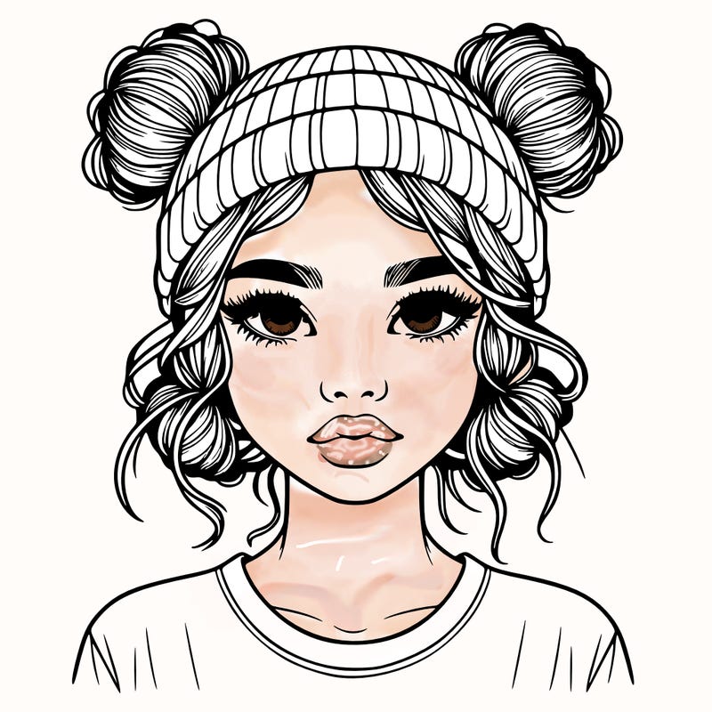 realistic girl with buns in her hair with a beanie on