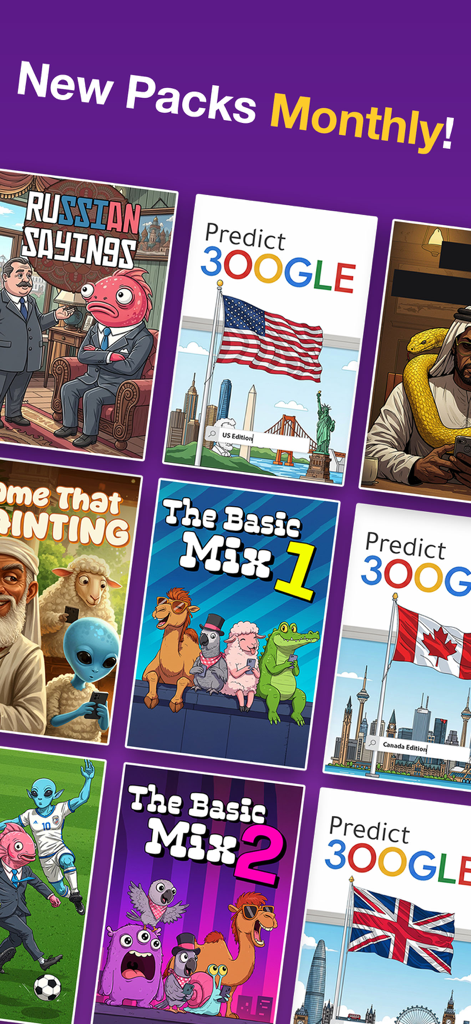 Bamboozle - Party Game - Une grille de packs de trivia thématiques dans l'application de jeu de société Bamboozle avec des illustrations de dessins animés originales.