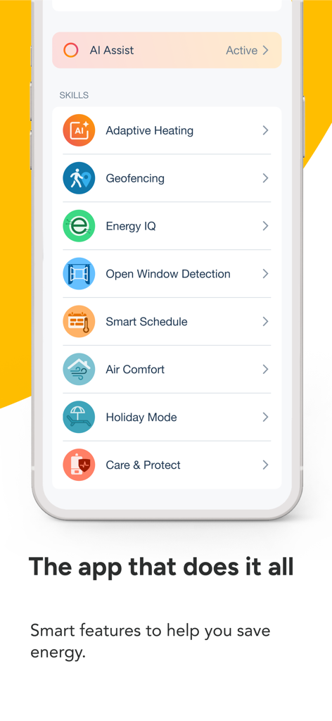 Interface de l'application tado présentant des fonctionnalités de maison intelligente telles que le géorepérage et l'intelligence énergétique.