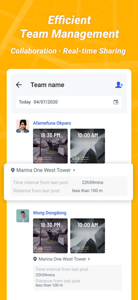 Marki: timestamp & GPS camera - GPS位置とタイムスタンプを含むチームメンバーのアクティビティを示すMarkiアプリダッシュボード