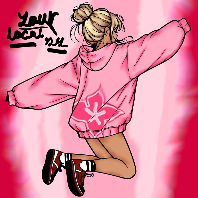 realistic girl jumping with a bun and oversized sweatshirt