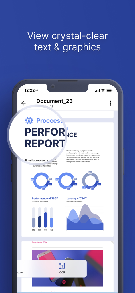 Easy Scanner Camera to PDF - Pantalla de smartphone mostrando un escaneo de documento de alta calidad con texto nítido y gráficos comerciales claros usando la aplicación Easy Scanner.