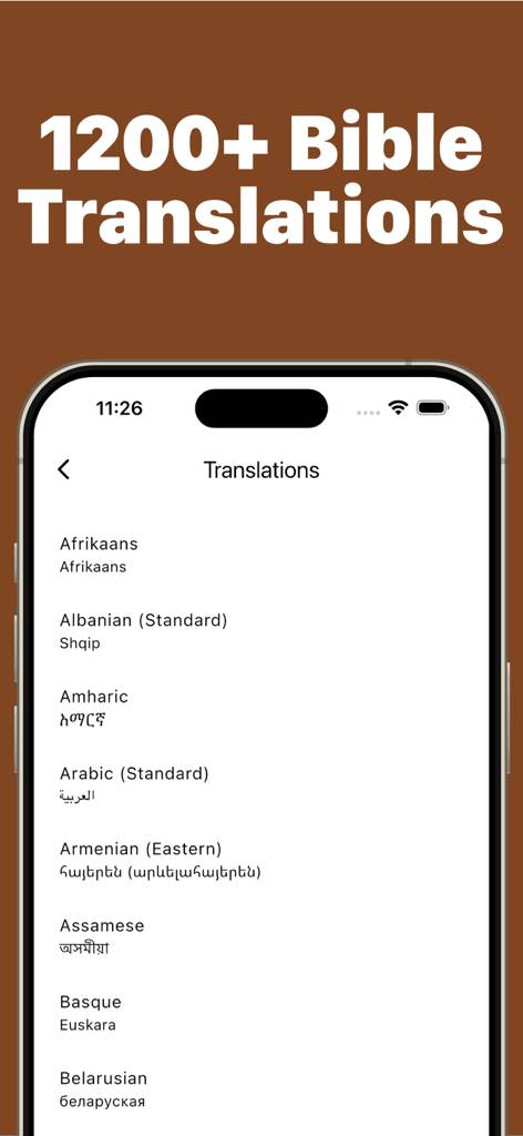 Una pantalla de teléfono inteligente que muestra una lista de más de 1200 traducciones de la Biblia en varios idiomas dentro de la aplicación Heaven.