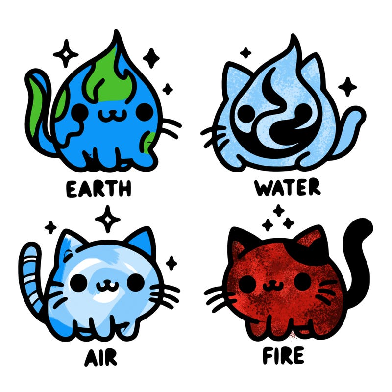 4 cats that represent the different elements, earth, water, air, and fire