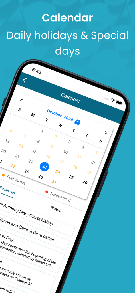 The Modern Bible in Spanish. - Pantalla del calendario que muestra días festivos religiosos y especiales en la app de la Biblia en español.