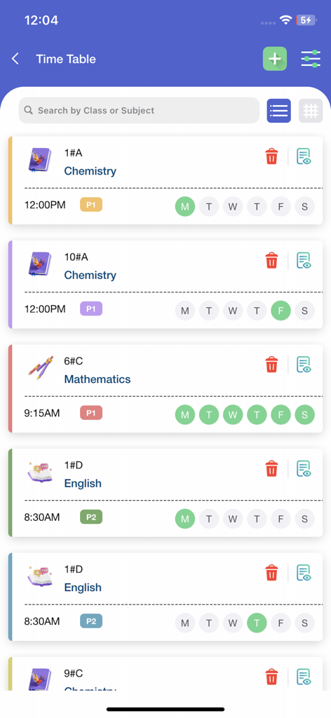 Una interfaz de aplicación móvil que muestra un horario escolar con clases programadas para materias como Química y Matemáticas, incluyendo horarios y días de la semana