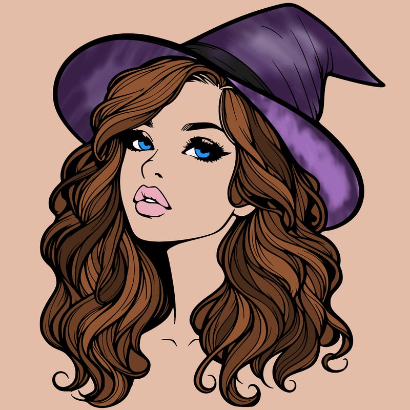 realistic witch girl with wavy hair and lips