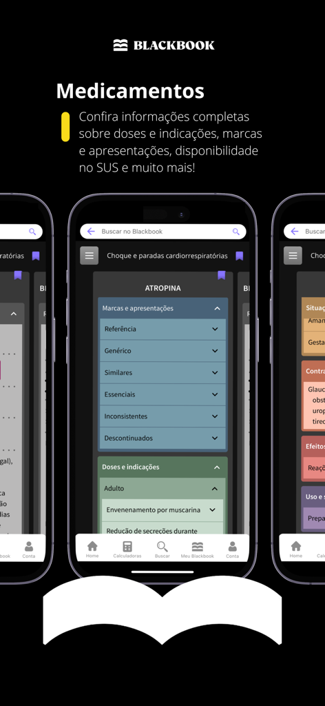 Blackbook: Decisões Clínicas - Mobile app interface displaying medication information and clinical dosing guidelines.
