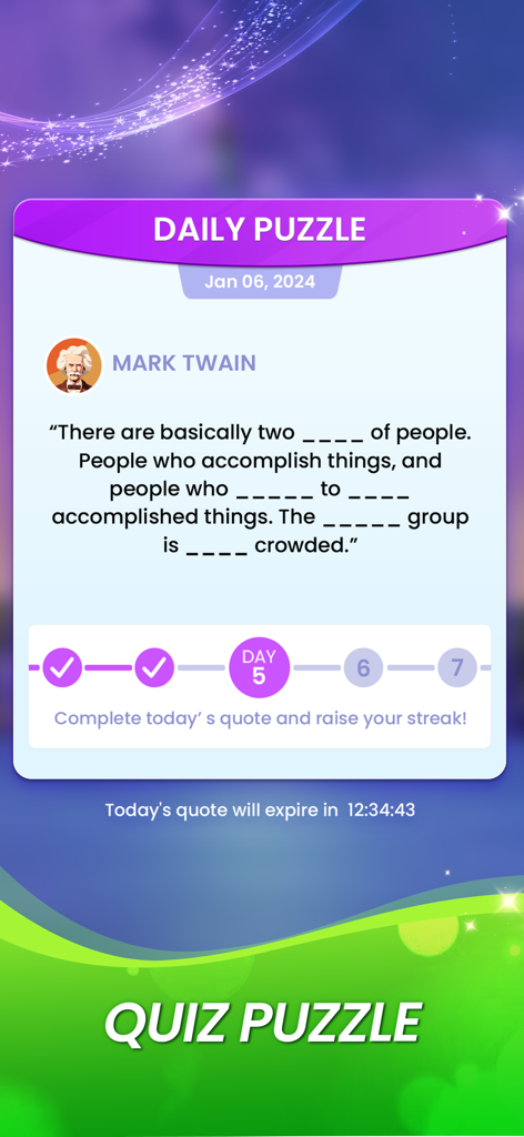 Tägliches Quiz-Rätselbildschirm in Word Search Trip mit einem Zitat von Mark Twain und einem Streak-Tracker.