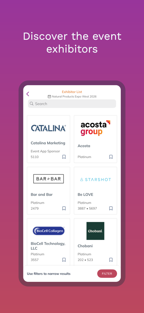 Expo West Event App - A mobile screen showing the exhibitor list on the Expo West Event App featuring major brand logos like Chobani and search filters.