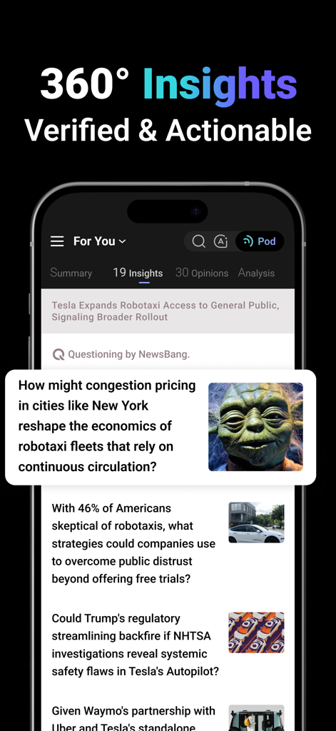 Mobile screen of NewsBang app showing verified AI-powered news insights and interactive questions.