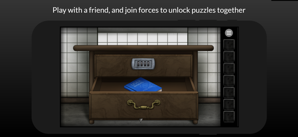 Escape Lab - Episode 2 - Gameplay screenshot of a cooperative puzzle in Escape Lab Episode 2 featuring a locked dresser with a combination code and a user manual.