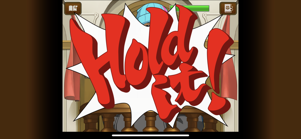 Red Hold It speech bubble graphic from an Apollo Justice Ace Attorney trial