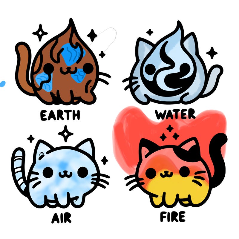 4 cats that represent the different elements, earth, water, air, and fire