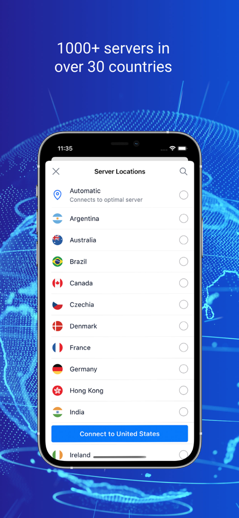 NETGEAR VPN - List of global server locations in the NETGEAR VPN mobile app on an iPhone.