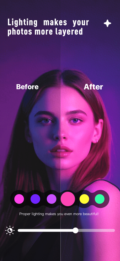 Chiccy - Une comparaison côte à côte d'un selfie avant et après l'application d'effets d'éclairage colorés