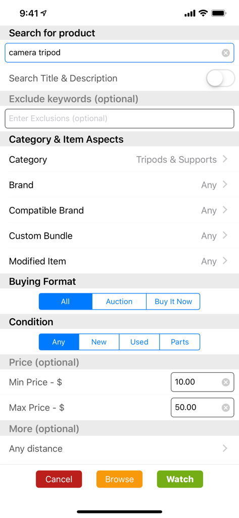 BayWatch - Alerts for eBay - Search filter screen in the BayWatch app for setting specific eBay alert criteria like price and category