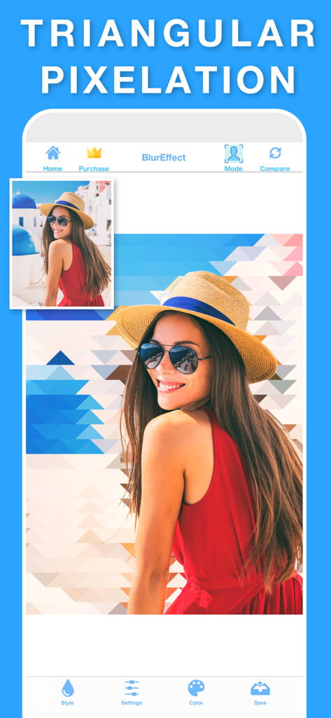 Blur Video & Photo BlurEffect - A photo of a woman in a straw hat with a triangular pixelated background effect using the BlurEffect app