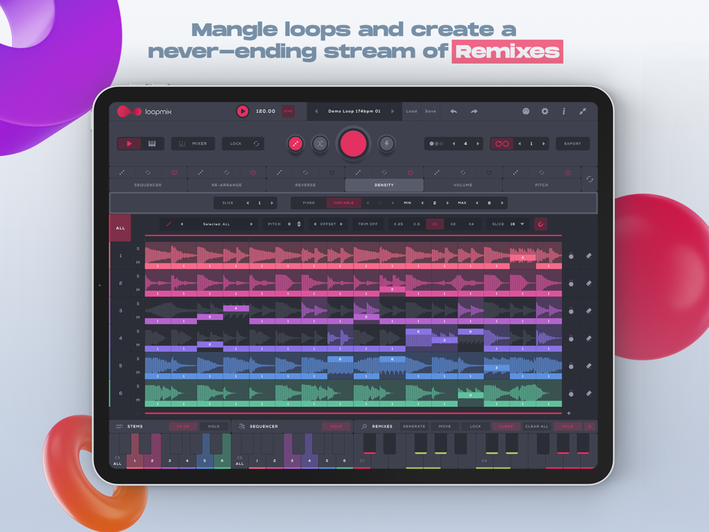 iPad上のLoopmixアプリインターフェイスで、オーディオループを操作し、リミックスを作成します