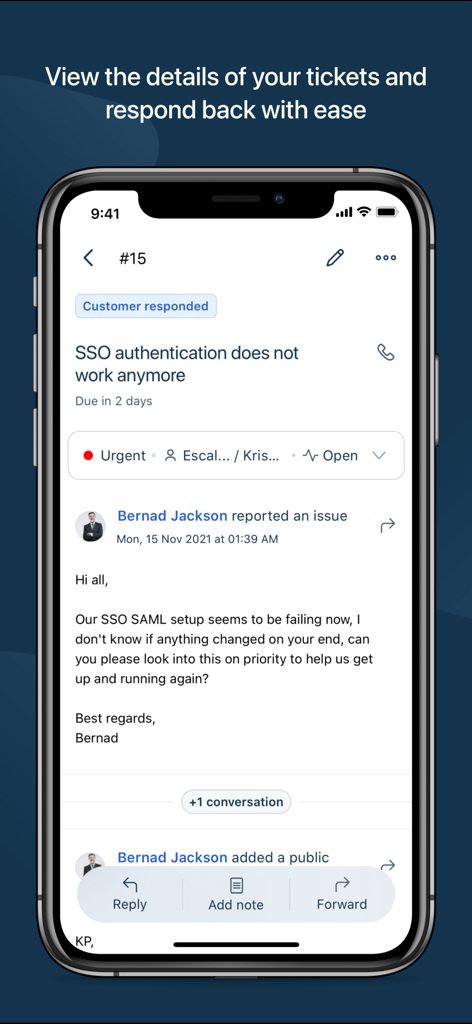 Freshdesk - Freshdesk mobile App-Oberfläche, die ein detailliertes Kundensupport-Ticket mit Optionen zum Antworten, Hinzufügen von Notizen oder Weiterleiten anzeigt