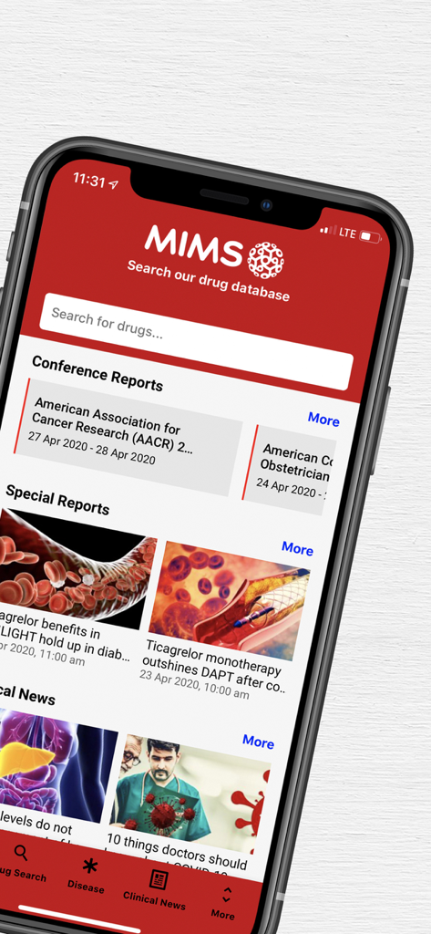 MIMS Indonesia app interface showing drug database search and medical news reports