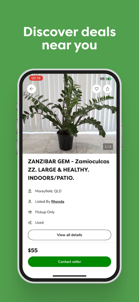 Una pantalla móvil que muestra un anuncio local de Gumtree para una planta de Zamioculca zamiifolia con precio y detalles de ubicación.