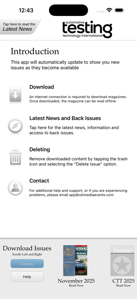Automotive Testing Technology - Introduction screen of the Automotive Testing Technology International app showing magazine download options and features
