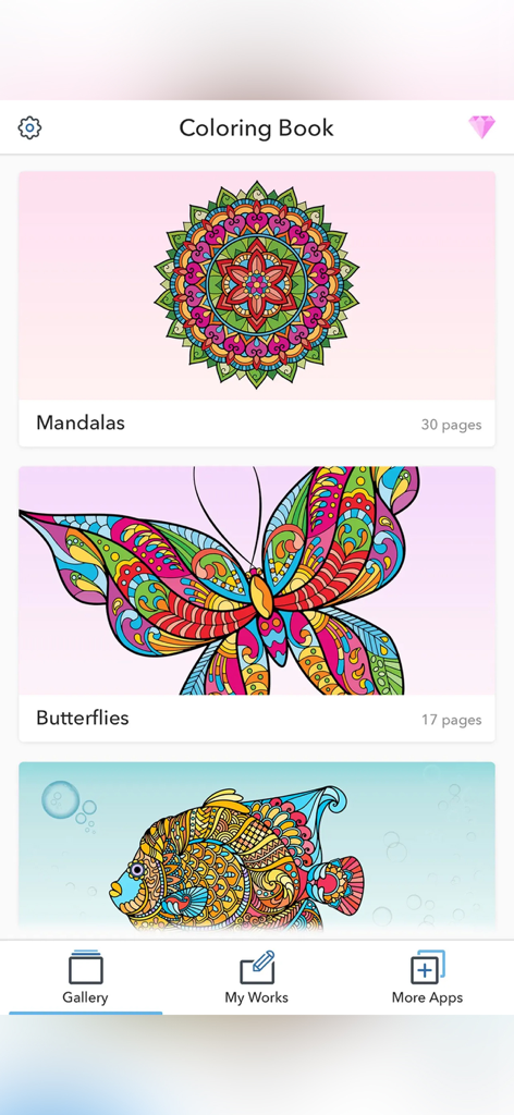 Interfaccia della galleria dell'app di colorazione che mostra le categorie mandala, farfalla e pesci da colorare.