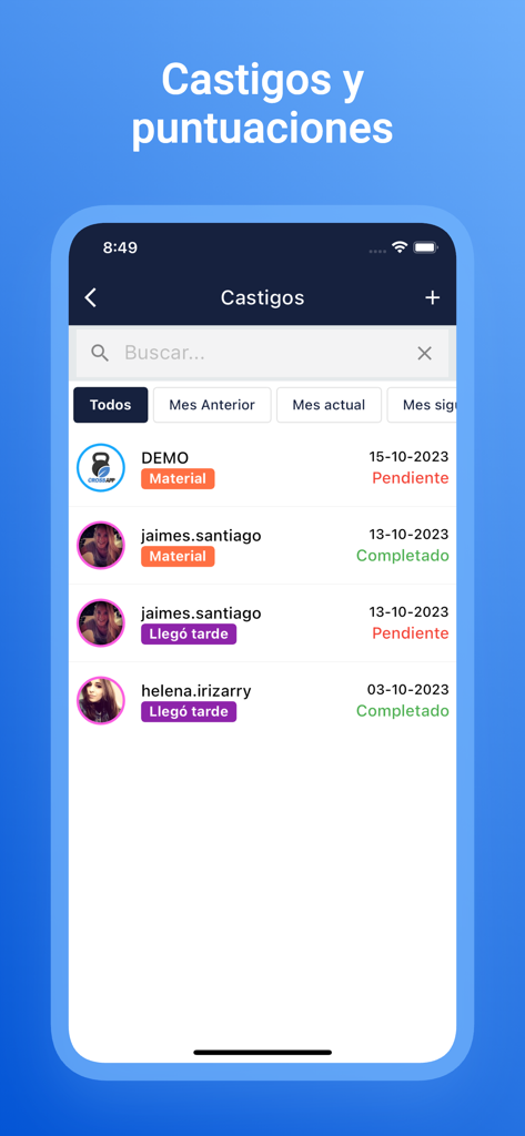 CrossApp Pro - Mobile screen of CrossApp Pro showing a list of penalties and statuses for CrossFit gym members