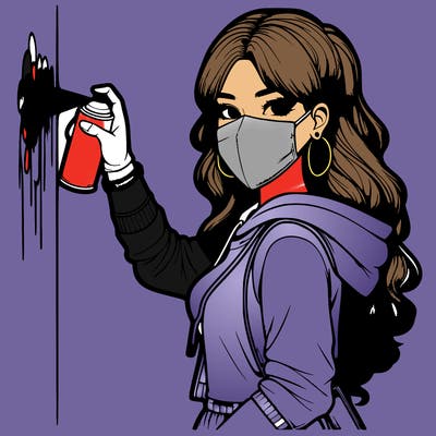 realistic girl with mask spray painting a wall