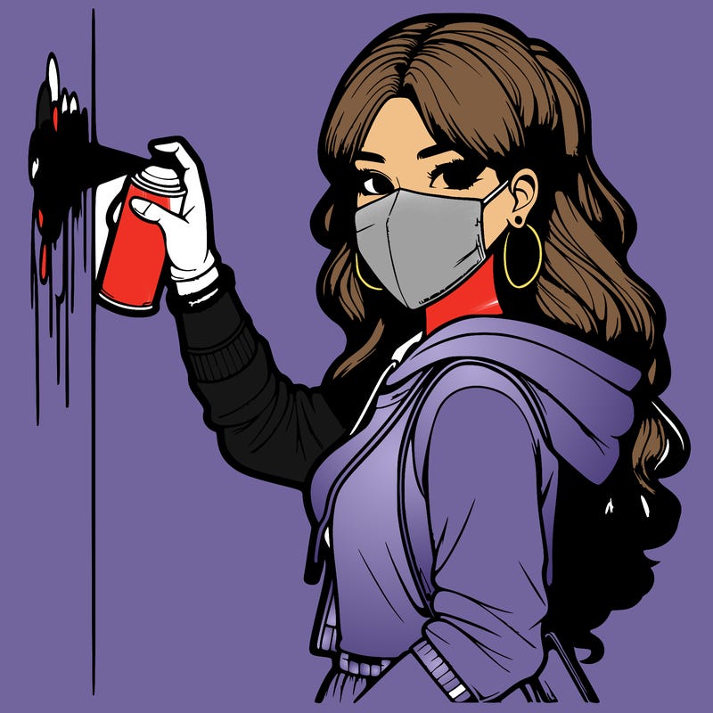 realistic girl with mask spray painting a wall