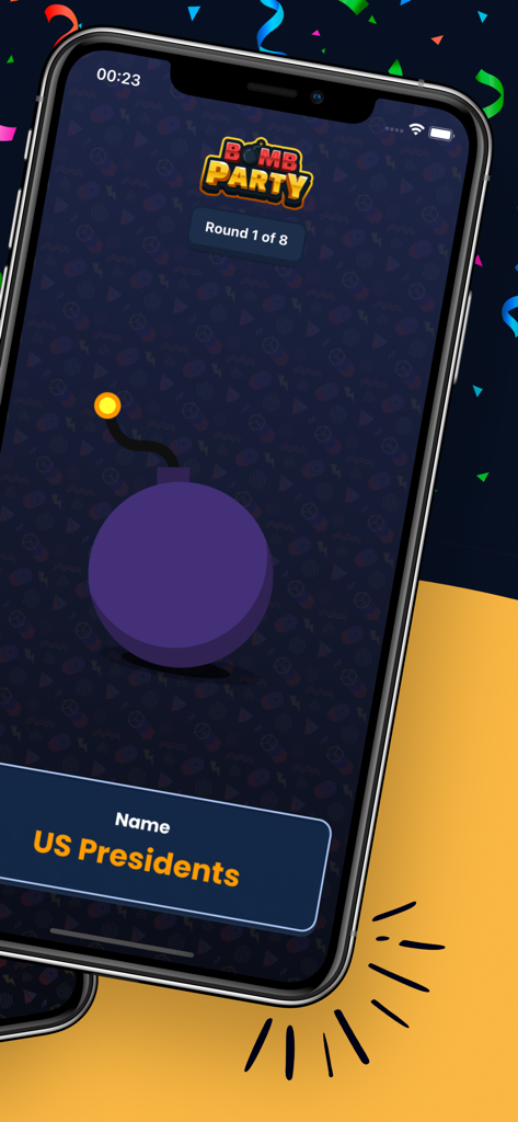 Bomb Party: Who's Most Likely - Pantalla del juego móvil Bomb Party con una bomba de tictac y el desafío de nombrar presidentes de EE. UU.