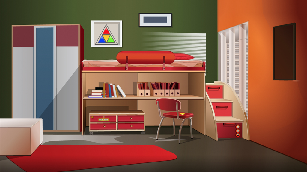 Prison Escape games-the room's secret 14 - A vibrant bedroom with a loft bed and desk featuring puzzles in an escape game setting