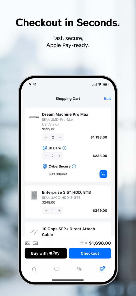UniFi Store - Tela de carrinho de compras e checkout do aplicativo móvel Loja UniFi.